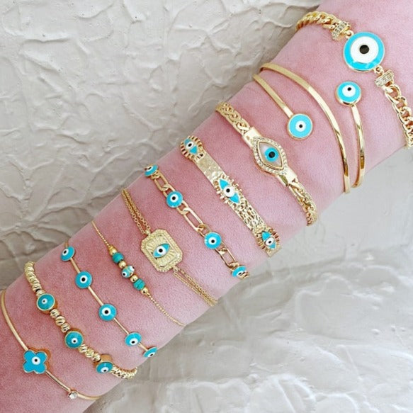 Greek Evil Eye Bracelet, Gold Chain Bracelet, Blue Evil Eye, 14K Gold Jewelry