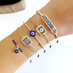 Blue Greek Evil Eye Bracelet, Gold Adjustable Bracelet , Clover Sun Charm Jewelry