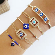 Blue Greek Evil Eye Bracelet, Gold Adjustable Bracelet , Clover Sun Charm Jewelry