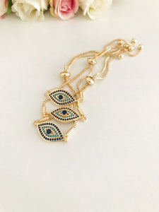 Gold Evil Eye Bracelet, Turkish Evil Eye Jewelry, Cuff Chain Adjustable Bracelet