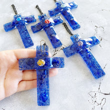 Blue Cross Ornament, Handmade Fused Glass Cross, Religious Gift, Home Decor