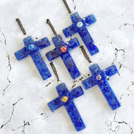 Blue Cross Ornament, Handmade Fused Glass Cross, Religious Gift, Home Decor