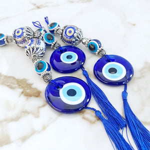 Greek Evil Eye Bead, Ceramic Evil Eye Wall Hanging with Tassel, Handmade Turkish Evil Eye