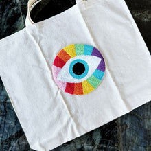 Evil Eye Punch Tote Bag, Punch Needle Organic Bag, Hand Tufted Bag