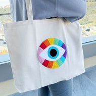 Evil Eye Punch Tote Bag, Punch Needle Organic Bag, Hand Tufted Bag