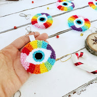 Greek Evil Eye Keychain, Handmade Punch Needle Keychain, Rainbow