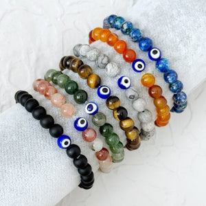 Natural Gemstone Bracelets for Men Women, Evil Eye Bracelet, Stretchy Crystal