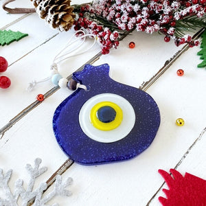 Handmade Glass Evil Eye Pomegranate, Good Luck Talisman Ornament, Christmas Gift