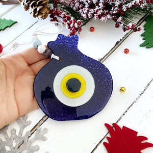 Handmade Glass Evil Eye Pomegranate, Good Luck Talisman Ornament, Christmas Gift
