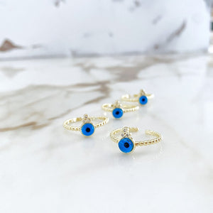 Gold Tiny Ring, Blue Evil Eye Minimal Ring, Adjustable Dainty Ring