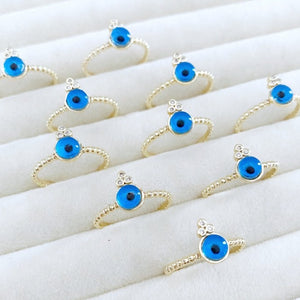 Gold Tiny Ring, Blue Evil Eye Minimal Ring, Adjustable Dainty Ring
