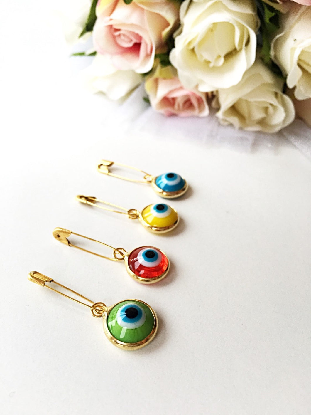 Lucky evil eye safety pin, protection for baby, gold plated evil eye pins, baby boy gift pin, baby shower gift, stroller, birth announcement - Evileyefavor