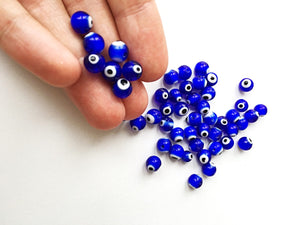 Blue evil eye beads- 8mm 10mm glass beads for bracelets - Turkish lamp work set of 35 to 45 beads - Evileyefavor