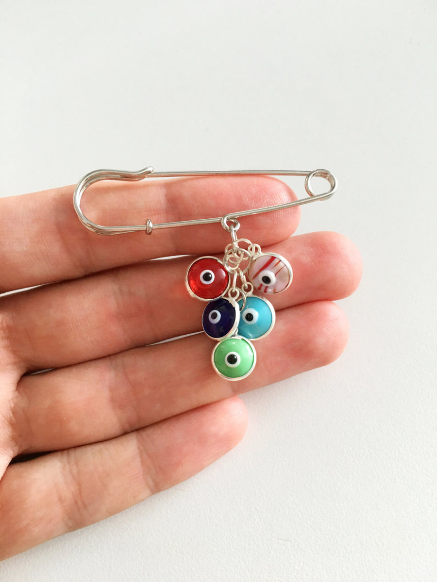 Eye Button Pin Evil eye beads safety pin, Lucky evil eye safety pin, mixed color stro ...