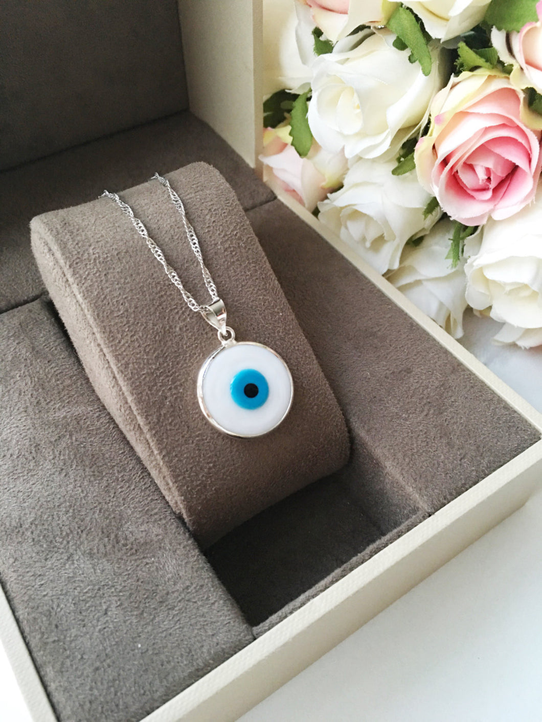 Evil eye necklace, white evil eye bead necklace, dark blue tiny evil eye - Evileyefavor