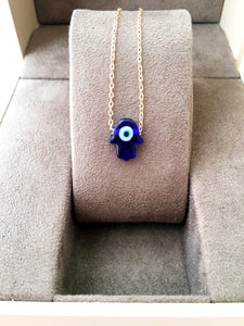 Blue hamsa evil eye necklace, hamsa choker necklace, gold chain hamsa evil eye necklace - Evileyefavor