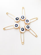5 pcs evil eye safety pin, white lucky evil eye pin, protection for baby, gold plated evil eye pins - Evileyefavor