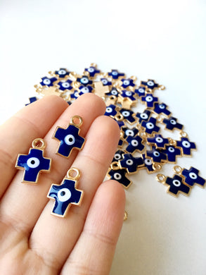 evil eye charm, 5pcs cross evil eye charm, cross evil eye pendant, blue enamel evil eye charm, gold plated charm, nazar boncuk, - Evileyefavor