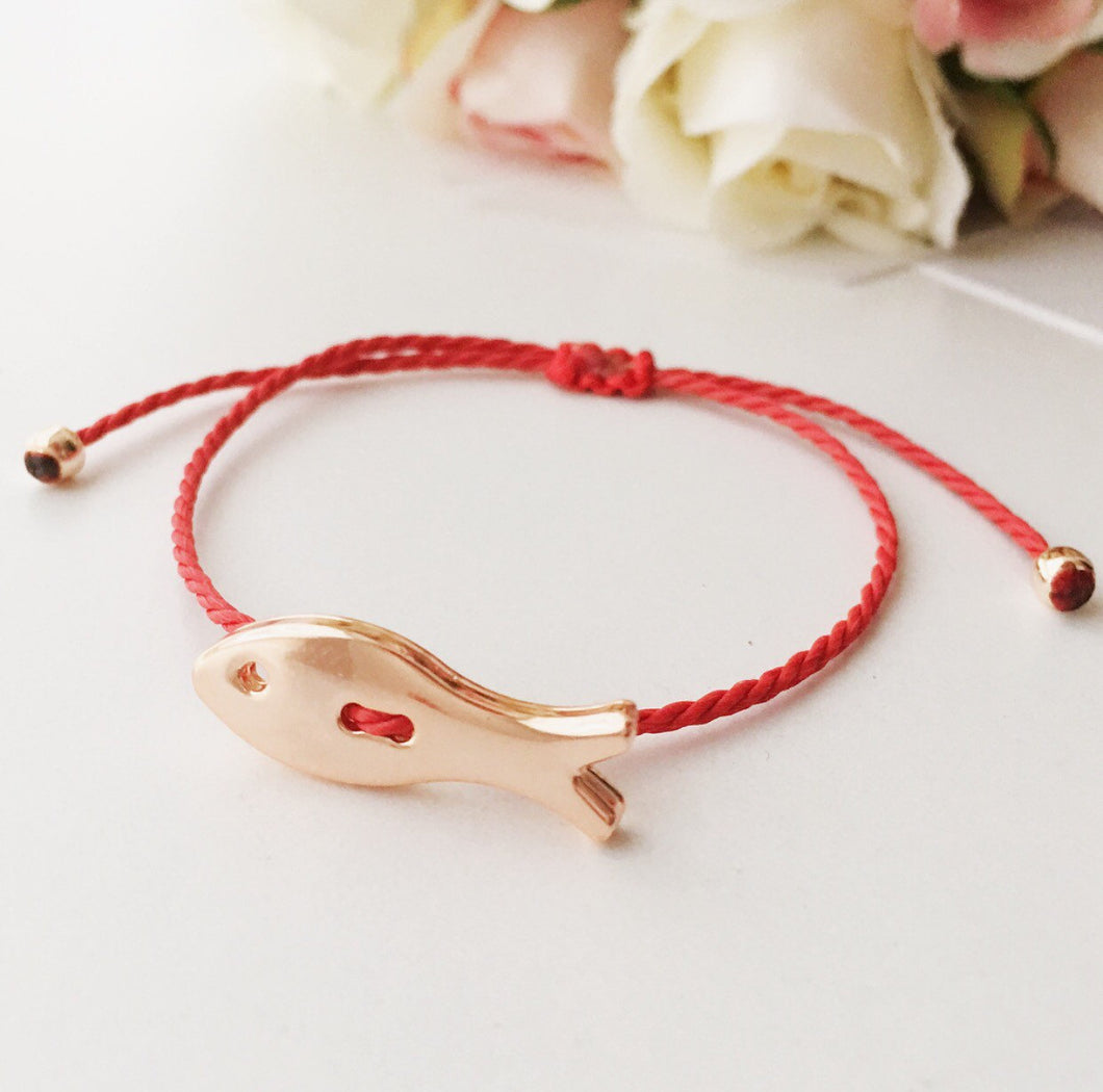 Lucky Fish Bracelet, Red String Bracelet, Rose Gold Bracelet