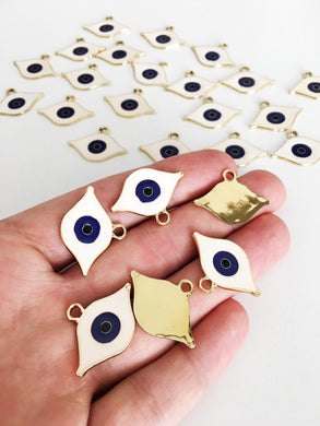 2 pcs Gold plated evil eye charm, 20mm white enamel evil eye pendant - Evileyefavor