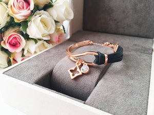 Rose Gold Leather Bracelet, Clover Charm Bracelet - Evileyefavor