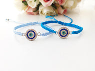 Evil Eye Charm Bracelet, Blue Macrame Bracelet, Zircon Charm - Evileyefavor