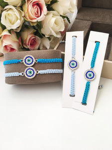 Evil Eye Charm Bracelet, Blue Macrame Bracelet, Zircon Charm - Evileyefavor