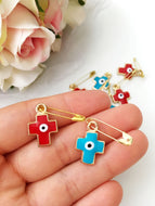 5 pcs cross evil eye safety pin, baby safety pins, red evil eye stroller pin, cross pin - Evileyefavor
