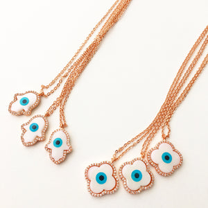 Evil eye necklace, mother of pearl charm necklace, rose gold clover necklace - Evileyefavor