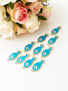 Evil eye charm, turquoise pendant, 2 pcs fish charm for necklace, evil eye pendant, evil eye necklace charm, small fish evil eye, nazar - Evileyefavor