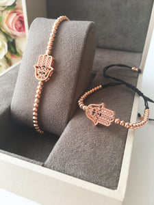 Rose Gold Hamsa Charm Bracelet, Adjustable Bracelet - Evileyefavor