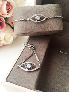 Oval Evil Eye Charm Bracelet, Adjustable Silver Bracelet - Evileyefavor