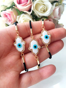 Hamsa Evil Eye Bracelet, Adjustable Bracelet, Mother of Pearl Bracelet - Evileyefavor