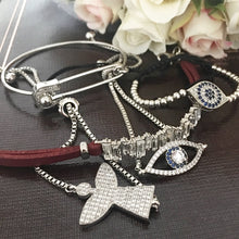 Silver Evil Eye Bracelet Set, Bangle Bracelet, Baguette Bracelet, Angel Charm - Evileyefavor