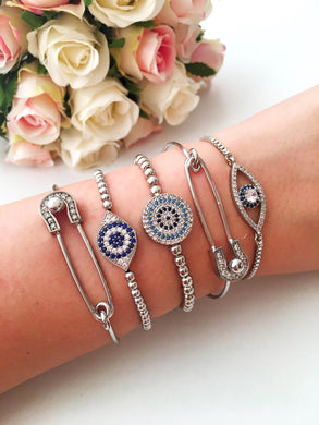 Silver Evil Eye Bracelet, Greek Evil Eye Lucky Bracelet - Evileyefavor