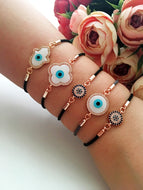 Greek Evil Eye Bracelet, Rose Gold Bracelet Set, Hamsa Clover Charm - Evileyefavor