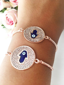 Blue Hamsa Evil Eye Bracelet, Adjustable Rose Gold Bracelet - Evileyefavor
