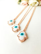 Hamsa necklace, evil eye bracelet, rose gold hamsa hand necklace, mother of pearl - Evileyefavor