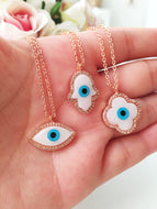 Evil eye necklace, mother of pearl charm necklace, rose gold clover necklace - Evileyefavor
