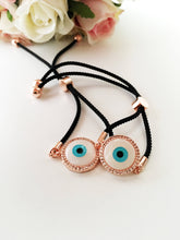 Round Evil Eye Bracelet, Black String Bracelet, Mother of Pearl charm - Evileyefavor