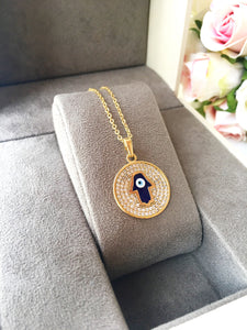Hamsa necklace, blue evil eye necklace, gold plate disc necklace, hamsa charm necklace - Evileyefavor