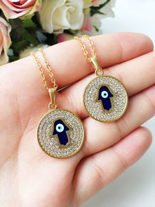 Hamsa necklace, blue evil eye necklace, gold plate disc necklace, rose gold necklace - Evileyefavor
