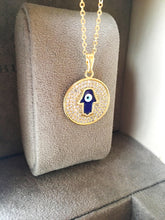 Hamsa necklace, blue evil eye necklace, gold plate disc necklace, hamsa charm necklace - Evileyefavor