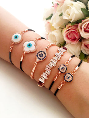 Evil Eye Bracelet Set, Adjustable Rose Gold Bracelet, Leather Bracelet - Evileyefavor