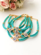 Turquoise Seed Beads Bracelet, Evil Eye Bracelet - Evileyefavor