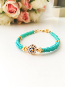 Turquoise Seed Beads Bracelet, Evil Eye Bracelet - Evileyefavor