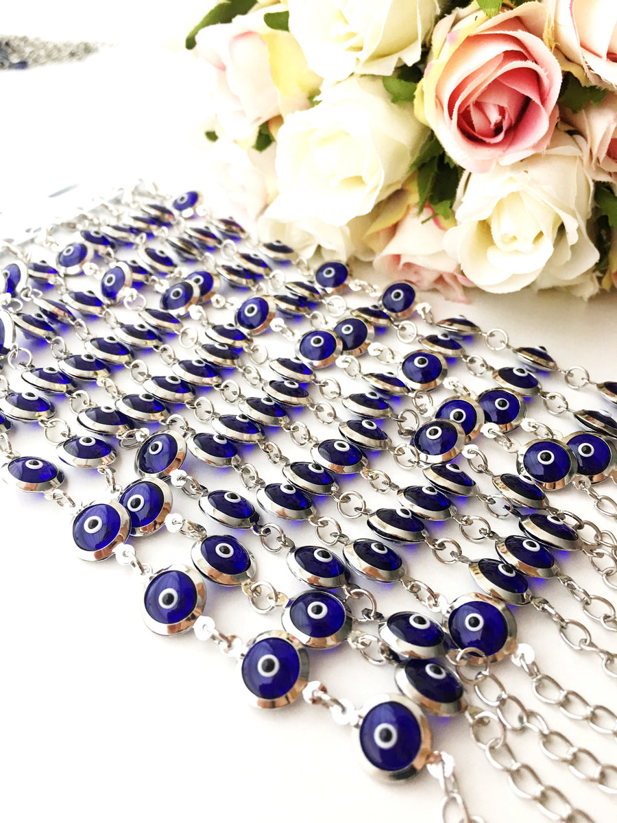 Blue Evil Eye Bracelet, Silver Link Chain bracelet, Glass Eye Bead ...