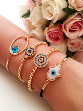 Gold Evil Eye Bracelet Set, Bangle Bracelet, Hamsa Charm Bracelet - Evileyefavor