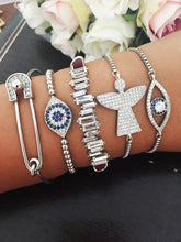 Silver Evil Eye Bracelet Set, Bangle Bracelet, Baguette Bracelet, Angel Charm - Evileyefavor