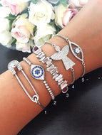 Silver Evil Eye Bracelet Set, Bangle Bracelet, Baguette Bracelet, Angel Charm - Evileyefavor